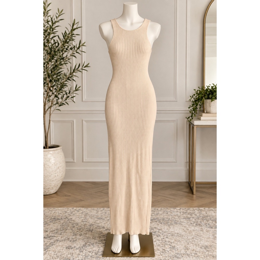 Reformation Womens Dress Ribbed Open Back Sleeveless Midi Beige Size Extra Small